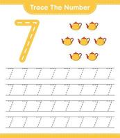 Trace the number. Tracing number with Teapot. Educational children game, printable worksheet, vector illustration