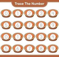 Trace the number. Tracing number with Pie. Educational children game, printable worksheet, vector illustration