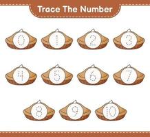 Trace the number. Tracing number with Pie. Educational children game, printable worksheet, vector illustration