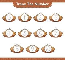 Trace the number. Tracing number with Pie. Educational children game, printable worksheet, vector illustration