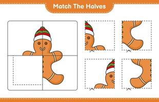 Match the halves. Match halves of Gingerbread Man. Educational children game, printable worksheet, vector illustration