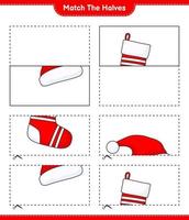 Match the halves. Match halves of Santa Hat and Christmas Sock. Educational children game, printable worksheet, vector illustration