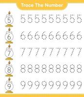 Trace the number. Tracing number with Candle. Educational children game, printable worksheet, vector illustration