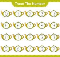 Trace the number. Tracing number with Teapot. Educational children game, printable worksheet, vector illustration