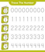 Trace the number. Tracing number with Book. Educational children game, printable worksheet, vector illustration