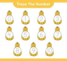 Trace the number. Tracing number with Butternut Squash. Educational children game, printable worksheet, vector illustration
