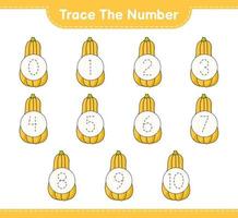 Trace the number. Tracing number with Butternut Squash. Educational children game, printable worksheet, vector illustration