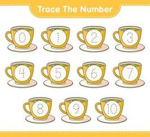 Trace the number. Tracing number with Tea Cup. Educational children game, printable worksheet, vector illustration