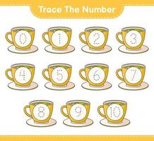 Trace the number. Tracing number with Tea Cup. Educational children game, printable worksheet, vector illustration