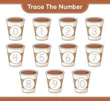 Trace the number. Tracing number with Coffee Cup. Educational children game, printable worksheet, vector illustration