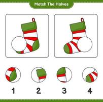 Empareja las mitades. combinar las mitades del calcetín navideño. juego educativo para niños, hoja de cálculo imprimible, ilustración vectorial vector