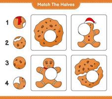 Empareja las mitades. combina las mitades de las galletas y el hombre de jengibre. juego educativo para niños, hoja de cálculo imprimible, ilustración vectorial vector