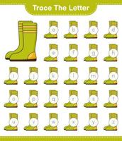 Trace the letter. Tracing letter alphabet with Rubber Boots. Educational children game, printable worksheet, vector illustration