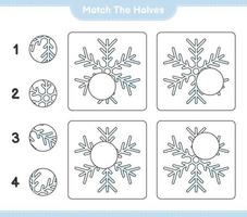 Match the halves. Match halves of Snowflake. Educational children game, printable worksheet, vector illustration