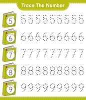 Trace the number. Tracing number with Book. Educational children game, printable worksheet, vector illustration