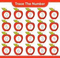 Trace the number. Tracing number with Apple. Educational children game, printable worksheet, vector illustration