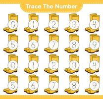 Trace the number. Tracing number with Rubber Boots. Educational children game, printable worksheet, vector illustration