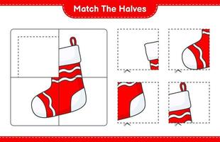 Empareja las mitades. combinar las mitades del calcetín navideño. juego educativo para niños, hoja de cálculo imprimible, ilustración vectorial vector