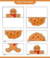 Empareja las mitades. une las mitades del hombre de jengibre y las galletas. juego educativo para niños, hoja de cálculo imprimible, ilustración vectorial vector