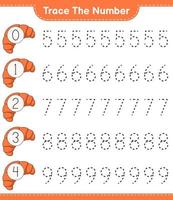 Trace the number. Tracing number with Croissant. Educational children game, printable worksheet, vector illustration