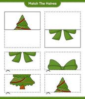 Match the halves. Match halves of Ribbon and Christmas Tree. Educational children game, printable worksheet, vector illustration