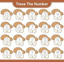 Trace the number. Tracing number with Mushroom Boletus. Educational children game, printable worksheet, vector illustration