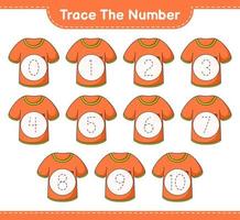 Trace the number. Tracing number with T-shirt. Educational children game, printable worksheet, vector illustration