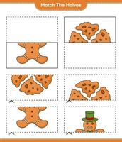 Empareja las mitades. une las mitades del hombre de jengibre y las galletas. juego educativo para niños, hoja de cálculo imprimible, ilustración vectorial vector