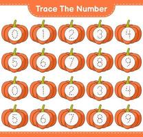 Trace the number. Tracing number with Pumpkin. Educational children game, printable worksheet, vector illustration