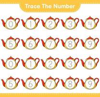 Trace the number. Tracing number with Teapot. Educational children game, printable worksheet, vector illustration