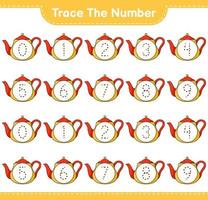 Trace the number. Tracing number with Teapot. Educational children game, printable worksheet, vector illustration