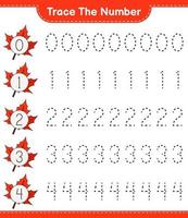 Trace the number. Tracing number with Maple Leaf. Educational children game, printable worksheet, vector illustration