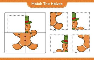 Match the halves. Match halves of Gingerbread Man. Educational children game, printable worksheet, vector illustration