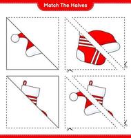 Match the halves. Match halves of Santa Hat and Christmas Sock. Educational children game, printable worksheet, vector illustration