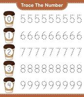 Trace the number. Tracing number with Tea Cup. Educational children game, printable worksheet, vector illustration