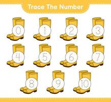 Trace the number. Tracing number with Rubber Boots. Educational children game, printable worksheet, vector illustration