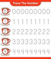 Trace the number. Tracing number with Coffee Cup. Educational children game, printable worksheet, vector illustration