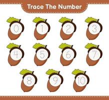 Trace the number. Tracing number with Acorn. Educational children game, printable worksheet, vector illustration