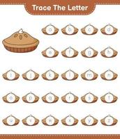Trace the letter. Tracing letter alphabet with Pie. Educational children game, printable worksheet, vector illustration