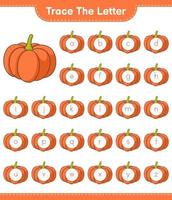 Trace the letter. Tracing letter alphabet with Pumpkin. Educational children game, printable worksheet, vector illustration
