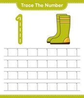 rastrear el número. número de seguimiento con botas de goma. juego educativo para niños, hoja de cálculo imprimible, ilustración vectorial vector