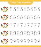 Trace the number. Tracing number with Teapot. Educational children game, printable worksheet, vector illustration