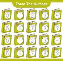 Trace the number. Tracing number with Book. Educational children game, printable worksheet, vector illustration