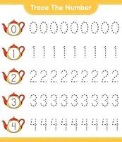 Trace the number. Tracing number with Teapot. Educational children game, printable worksheet, vector illustration