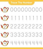 Trace the number. Tracing number with Teapot. Educational children game, printable worksheet, vector illustration