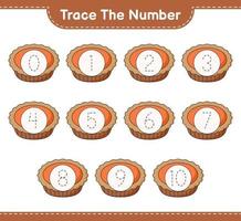 Trace the number. Tracing number with Pie. Educational children game, printable worksheet, vector illustration