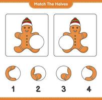 Match the halves. Match halves of Gingerbread Man. Educational children game, printable worksheet, vector illustration