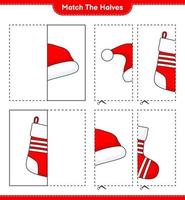 Match the halves. Match halves of Santa Hat and Christmas Sock. Educational children game, printable worksheet, vector illustration