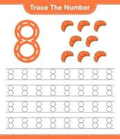 Trace the number. Tracing number with Croissant. Educational children game, printable worksheet, vector illustration