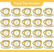 Trace the number. Tracing number with Tea Cup. Educational children game, printable worksheet, vector illustration